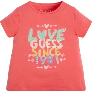 GUESS Коралова тениска с къс ръкав с цветни надписи отпред за момиче Guess