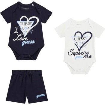 Guess Комплект две къси бодита в тъмно синьо и бяло с надписи и къси панталонки за бебе момче Guess