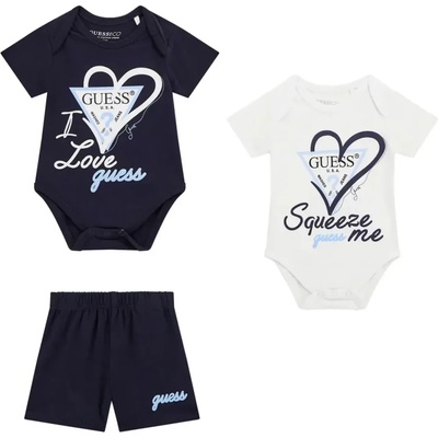 Guess Комплект две къси бодита в тъмно синьо и бяло с надписи и къси панталонки за бебе момче Guess
