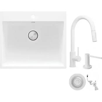 Твоят Стил Бяла кухненска гранитна мивка Рига 60, Смесител 9010, Сифон, Дозатор