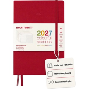 Leuchtturm1917 Weekly Calendar & Notebook Dotted Medium (A5) 2027 - Colorful Seasons Red - Calendar Overview 2026/2027/2028 - Planning Overview 01.27-12.28 - 400200 (400200)