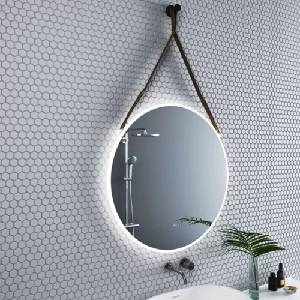 Inter Ceramic Огледало с осветление и антизапотяване Inter Ceramic, кръгло, 80 см, с кафява каишка (1909DB)