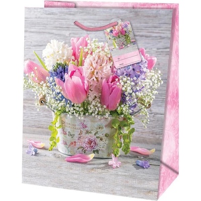 Taška dárková Medium matt 19 x 10,2 x 23cm TM - motiv hyacinty a tulipány