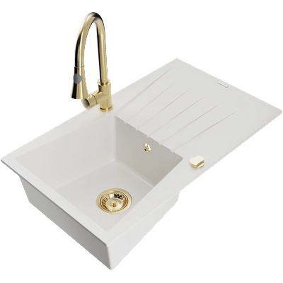 Mexen Cesar гранитна мивка с 1 отделение с отцедник и кухненски смесител Elia, бял - 6514-20-670101-50 (6514-20-670101-50)