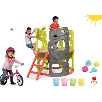 Smoby set preliezačka Multi-Activity Tower na šplhanie so šmykľavkou a balančné odrážadlo First Bike s vedierkami a zmrzlinou 840201-11