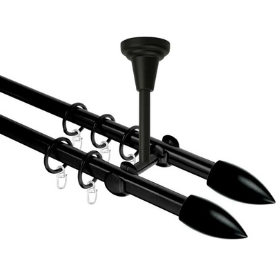 OK-GarnýžeCZ Garnýž kovová dvouřadá 16mm Špice Double černá 140 cm do stropu / kroužky s háčkem