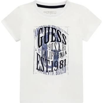 GUESS Бяла памучна тениска за мини момче с контрастни надписи в черно и синьо Guess