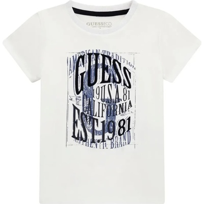 GUESS Бяла памучна тениска за мини момче с контрастни надписи в черно и синьо Guess