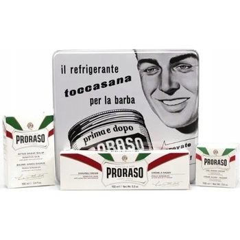 Proraso White balzám po holení 100 ml + mýdlo na holení 150 ml + krém před holením 100 ml + plechová dóza dárková sada