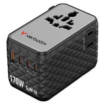 Verbatim 30190, Универсален адаптер за пътуване Charge , n, Travel 2x USB-C, 2X USB-A + 1x интегриран кабел USB-C, черен, 170 W (30190)