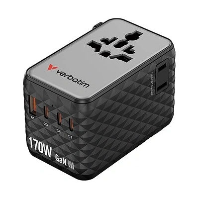 Verbatim 30190, Универсален адаптер за пътуване Charge , n, Travel 2x USB-C, 2X USB-A + 1x интегриран кабел USB-C, черен, 170 W (30190)