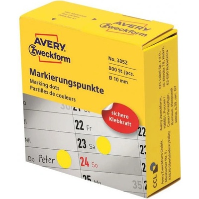 Etikety kruhové 10mm Avery žlté v dispenzore AV003852