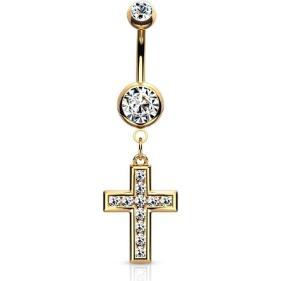 Šperky4U Zlacený piercing do pupíku křížek čiré zirkony WP0034-GDC
