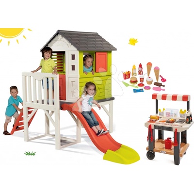 Smoby set dětský domeček na pilířích Pilings House s 1,5 m skluzavkou a zmrzlinářský vozík s hamburgery