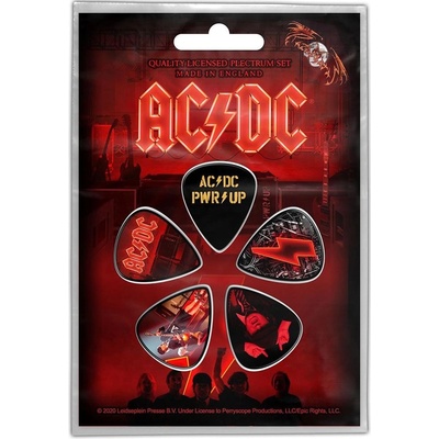 CurePink Kytarová trsátka AC/DC: PWR-UP set 5 kusů (15 x 11 cm)