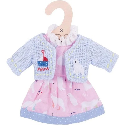 Bigjigs Toys Дреха за кукла Bigjigs - Розова рокля с жилетка, полярна мечка, 25 cm (BJD504)