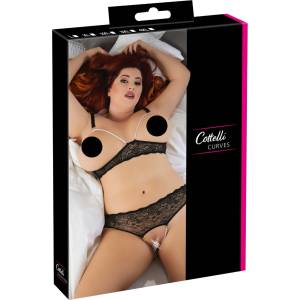 Cottelli Collection Plus Size - секси сутиен комплект с перли - черен - 4XL