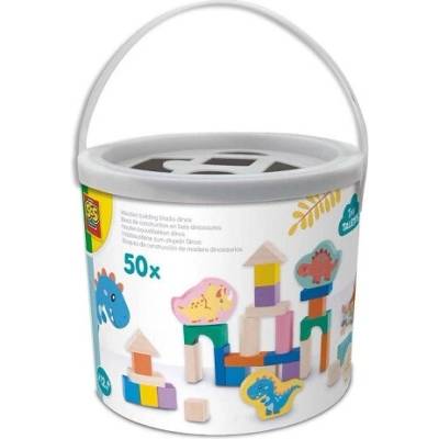 SES drevené kocky s dinosaurami v vedierku, 50 ks