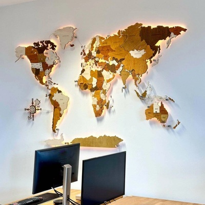 LED podsvietená 3D drevená mapa sveta L - 120 cm