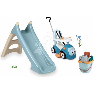Smoby Set šmykľavka s vodnou hrou a odrážadlo so zvukmi XS Slide Blue Life dĺžka šmyku 90 cm a vedro set s krhličkou