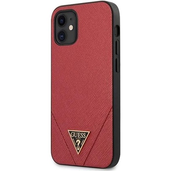 GUESS Saffiano Leather Hard Case - дизайнерски кожен кейс за iPhone 12 mini (червен)