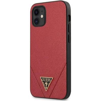 GUESS Saffiano Leather Hard Case - дизайнерски кожен кейс за iPhone 12 mini (червен)