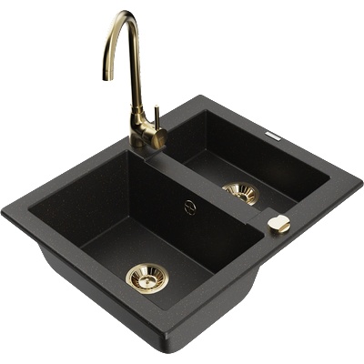 Mexen Carlos гранитна мивка 1, 5 камери с кухненски смесител Telma, черен/златен металик - 6518-75-670200-50 (6518-75-670200-50)