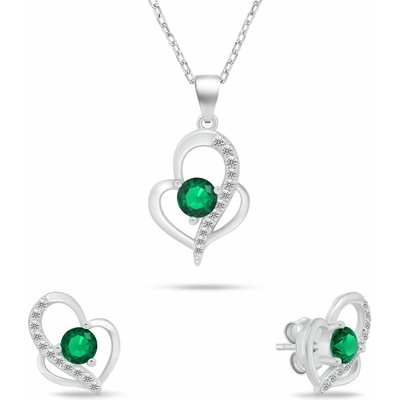 Brilio Silver Originální set stříbrných šperků Srdíčka se zelenými zirkony SET294WG (náhrdelník, náušnice) – Zboží Dáma