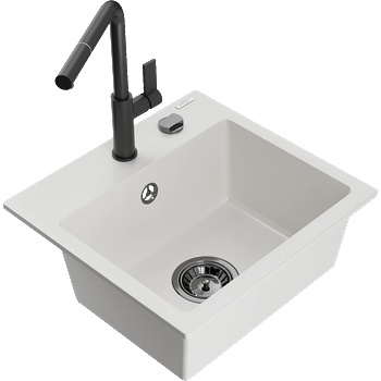 Mexen Milo кухненска мивка от гранит с 1 отделение и кухненски смесител Flora, бял - 6505-20-670401-70-B (6505-20-670401-70-B)
