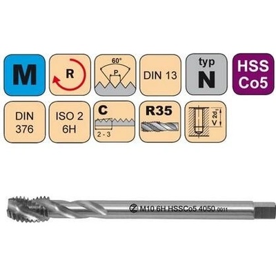 NÁSTROJE CZ Závitník strojní M9x1 ISO2 HSSCo5 DIN 374 RSP35 - 4050 - CZZ4050-M9X1-ISO2