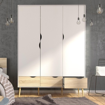 Гардероб Oslo с 3 врати и 3 чекмеджета Бял и дъб