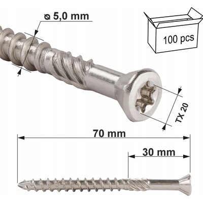 Wkret Met Klimas 5x70mm Skrutka do dreva pre terasy, zapustená hlava, TX, nerezové