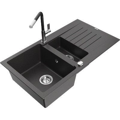 Mexen Matias гранитна мивка 1, 5-коморова с отцедник и кухненски смесител Flora, черен лъскав - 6502-76-670401-07 (6502-76-670401-07)