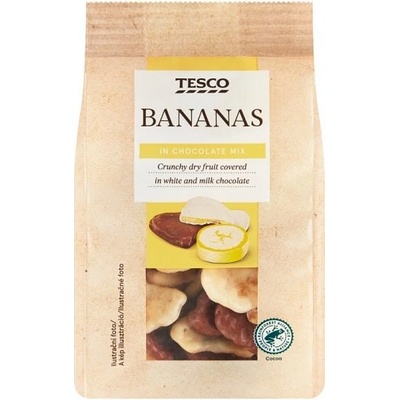 Tesco Banánové plátky v bielej a mliečnej čokoláde 100 g