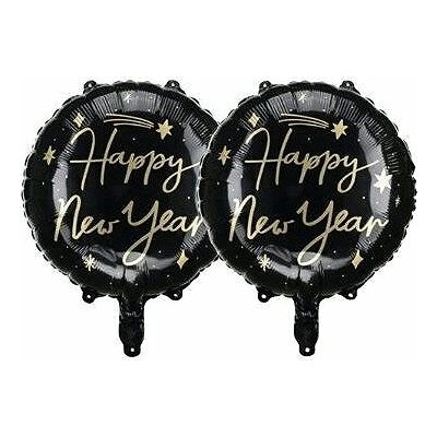 PartyDeco Balón fóliový okrúhly Happy New Year čierny 45 cm