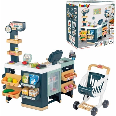 Smoby Obchod elektronický zmiešaný tovar s chladničkou Maxi Market s pokladňou váhou skenerom a 50 doplnkov 90 cm výška