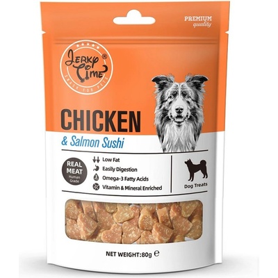 Jerky Time Chicken & Salmon Bites - Премиум лакомство за кучета с истински хапки пилешко месо и сьомга, годно за човешка консумация, 80 гр