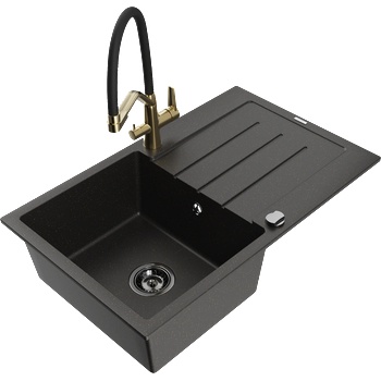 Mexen Bruno еднокамерен гранитен мивка с отцедник и кухненски смесител Duo, черен/златен металик - 6513-75-671701-57-B (6513-75-671701-57-B)