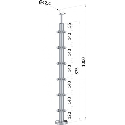Nerezový sloup, vrchní kotvení, 6řadový, rohový: 90°
