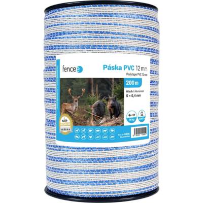 Páska PVC pro elektrický ohradník, šířka 12 mm, bílo-modrá, 200 m, 0,017 Ω/m