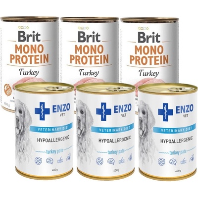 Brit Mono Protein Turkey 3 x 400 g & Enzo Vet hypoalergénne krmivo s morkou 3 x 400 g