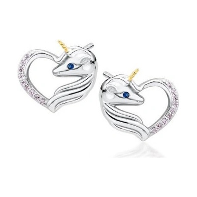 Prošperk stříbrné náušnice pecky srdce s jednorožcem světle růžový zirkon S5200