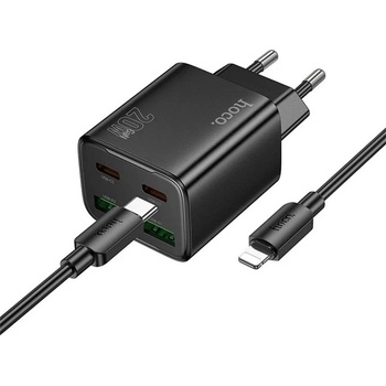 hoco. Захранващо зарядно устройство HOCO N55, 2 USB+2 гнезда Type-C, 20 W, бързо зарядно PD 3.0 + Lightning кабел, ЧЕРНО N55_LIGHTNING_B (N55_LIGHTNING_B)