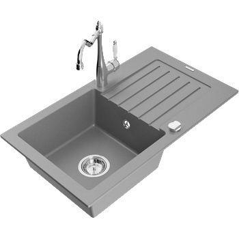 Mexen Pablo 1-камерна кухненска мивка от гранит с отцедник и кухненски смесител Carla, сив - 6510-71-670700-00 (6510-71-670700-00)