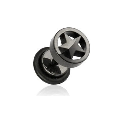 Šperky eshop černý falešný plug do ucha z oceli hvězda v kruhu SP02.04
