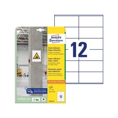 Etikety univerzálne 105x48mm Avery A4, silne lepivé 20 hárkov