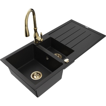 Mexen Andres гранитна мивка 1, 5-коморна с отцедник и кухненски смесител Savita, черно - 6515-77-672601-50 (6515-77-672601-50)