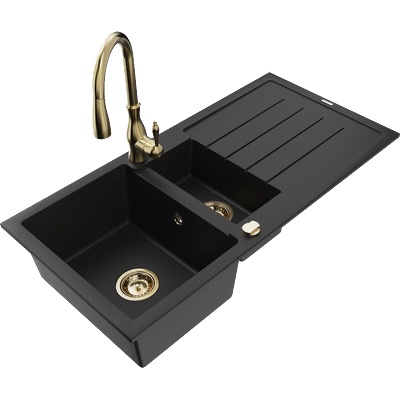 Mexen Andres гранитна мивка 1, 5-коморна с отцедник и кухненски смесител Savita, черно - 6515-77-672601-50 (6515-77-672601-50)
