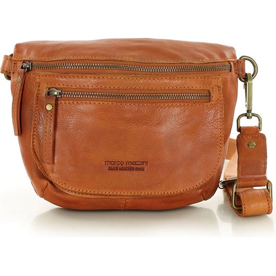 Mazzini Marco Camelovo hnedá malá kožená crossbody kabelka na širokom popruhu