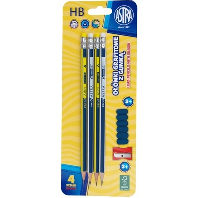 Комплект графитни моливи с гума HB + острилка и капачка, Astra, 4 броя (AS206120009)